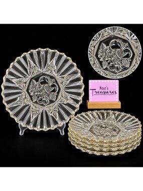 Vintage Federal Glass PIONEER Press Fruit Design Depression Clear 8" Plate Set 5